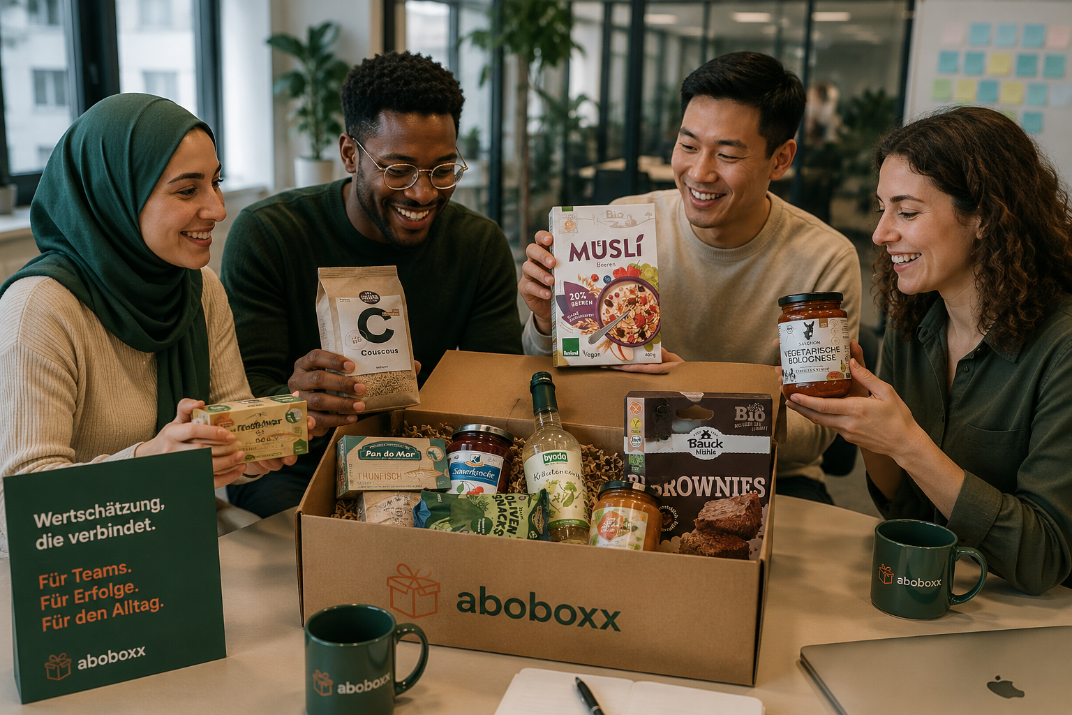 Diverses Team öffnet eine aboboxx Box im Büro